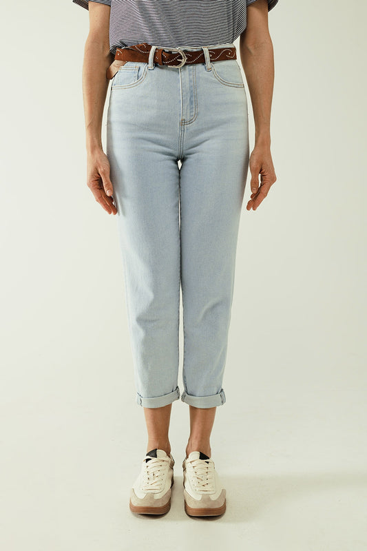 Straight light blue jean with hem and five pockets - Denim