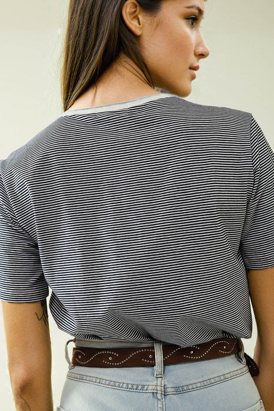 White T-shirt with black stripes and Love More texted - top