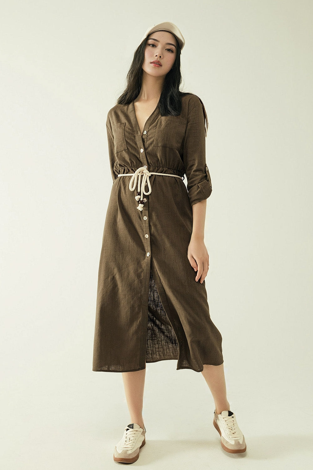 Long sleeves Khaki shirt dress with button closure - dress
