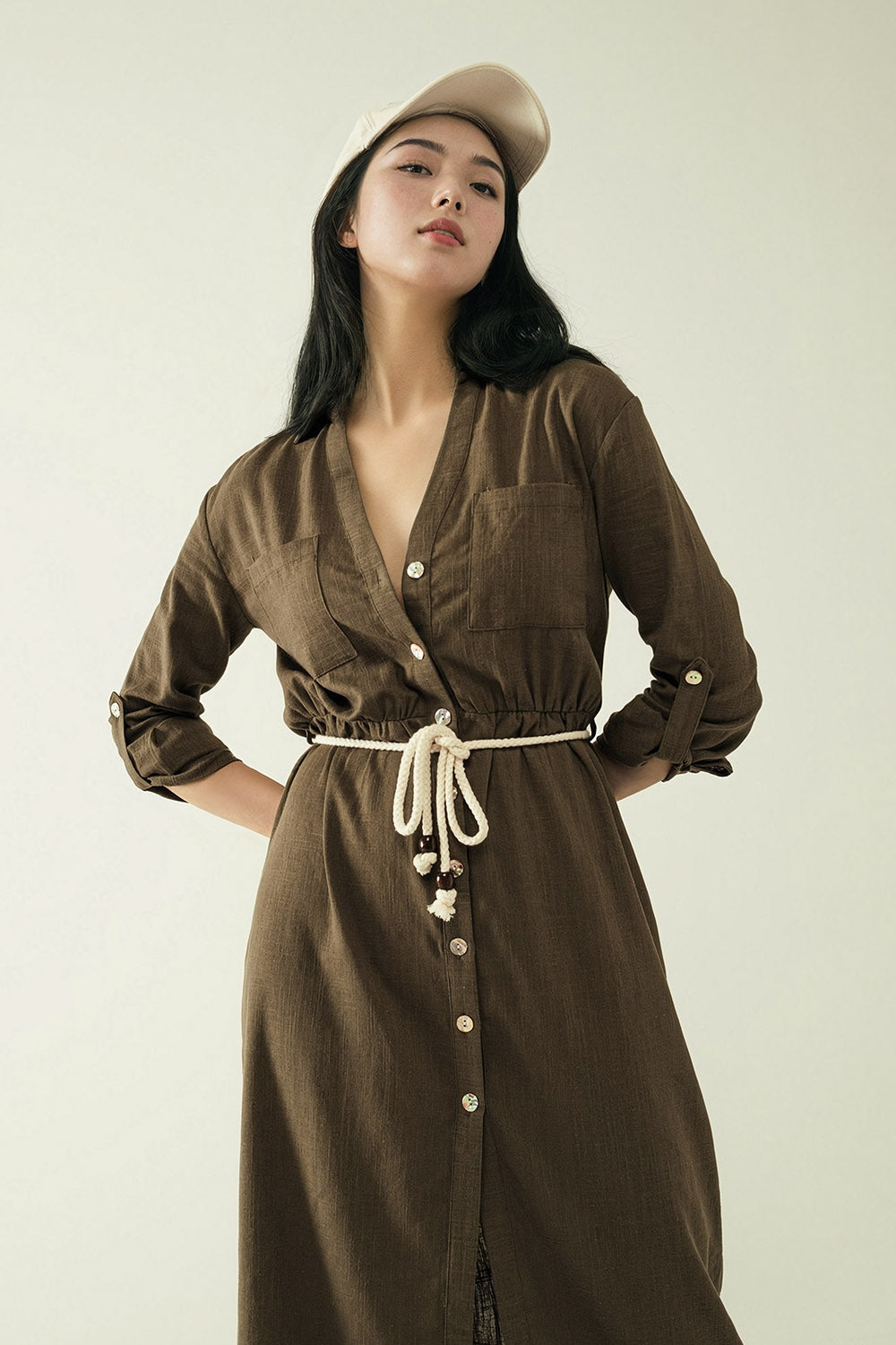Long sleeves Khaki shirt dress with button closure - dress
