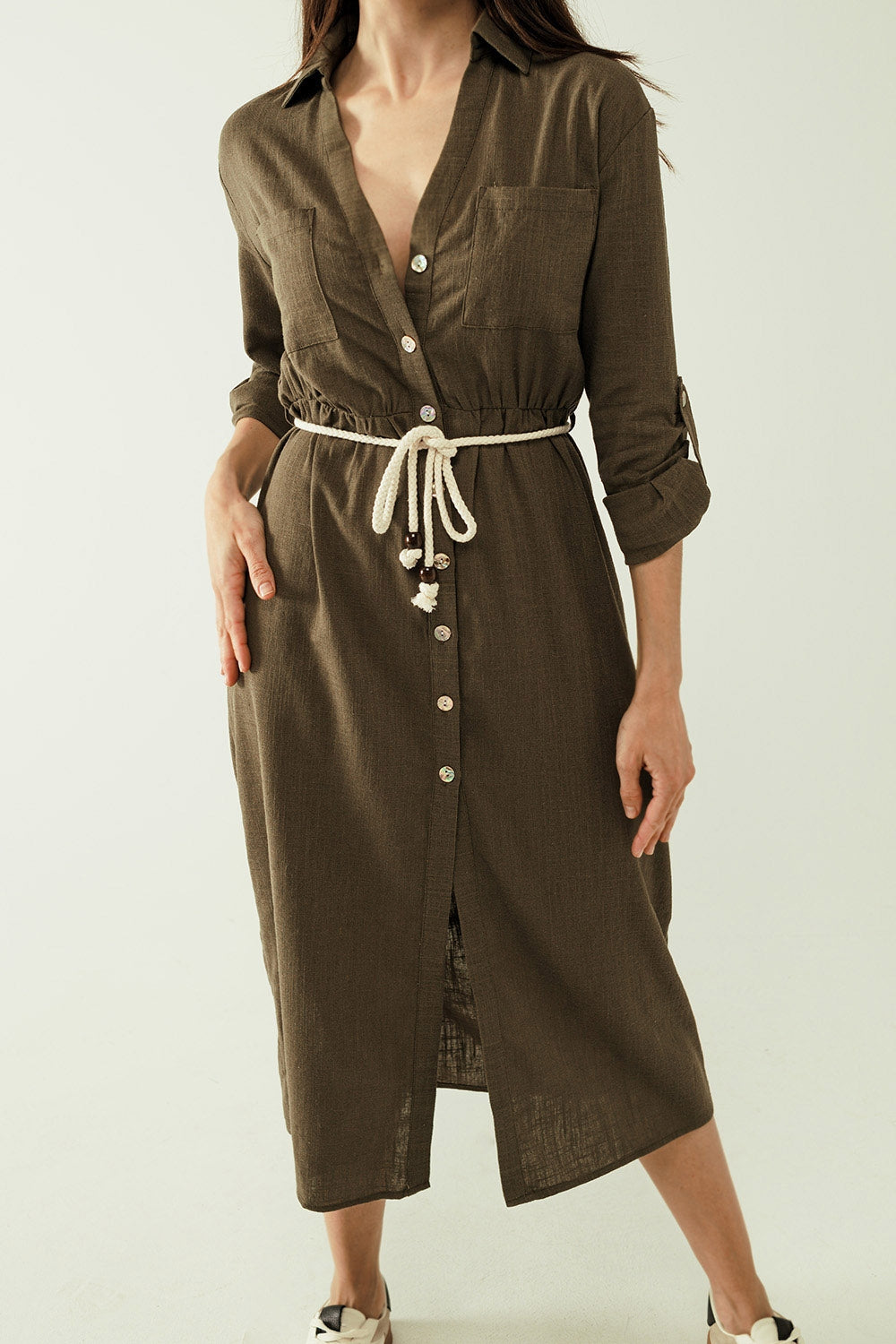 Long sleeves Khaki shirt dress with button closure - dress
