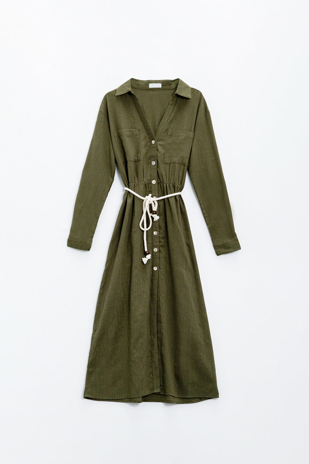 Long sleeves Khaki shirt dress with button closure - dress