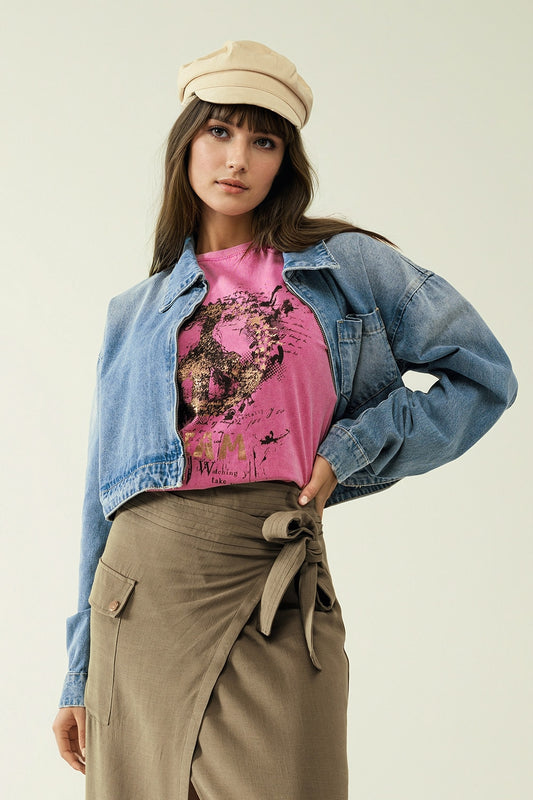 Short Sleeve T-shirt With Graphic Peace Sign Design At The Front In Fuchsia - top