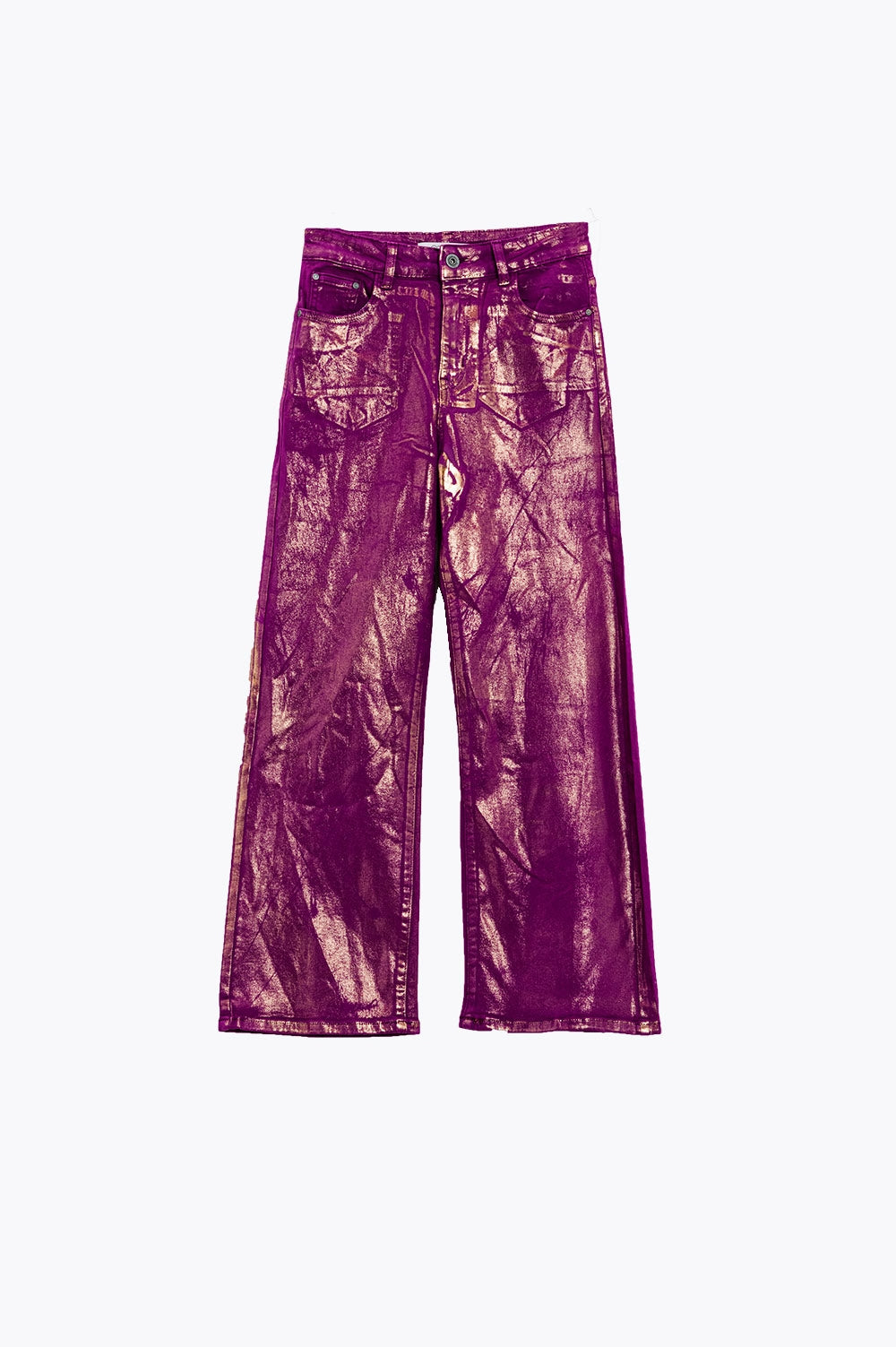 Magenta Wide Leg Jeans With Metallic Finish In Gold - Coloured Jeans