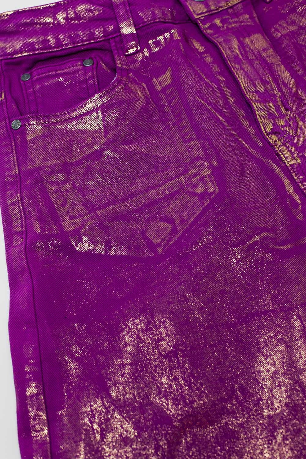 Magenta Wide Leg Jeans With Metallic Finish In Gold - Coloured Jeans