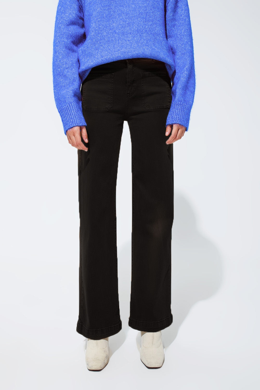 high waisted front pockets flare jeans in black
