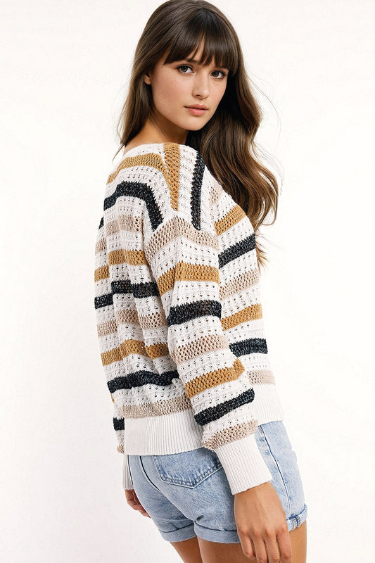 White knit sweater with multicolored stripes - jumper
