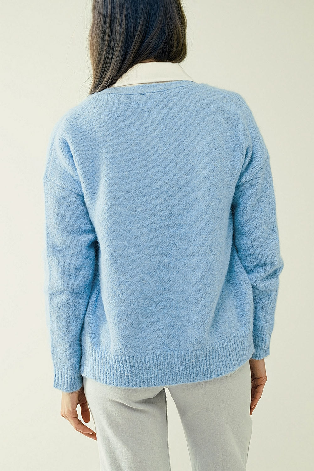 Blue knit cardigan with wide V-neck and button closure - cardigan