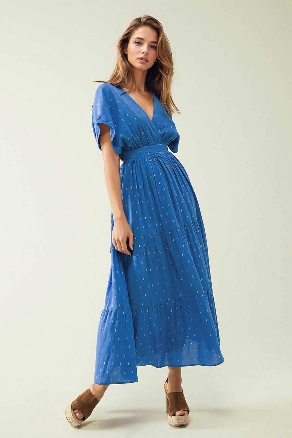 loose maxi blue dress sith golden details - dress