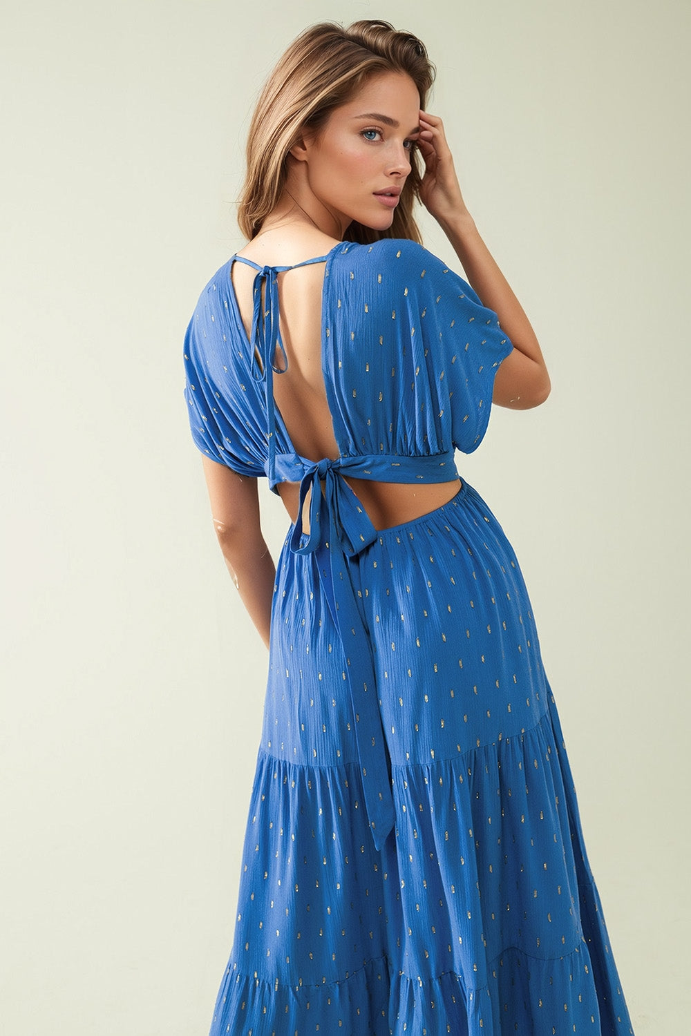 loose maxi blue dress sith golden details - dress