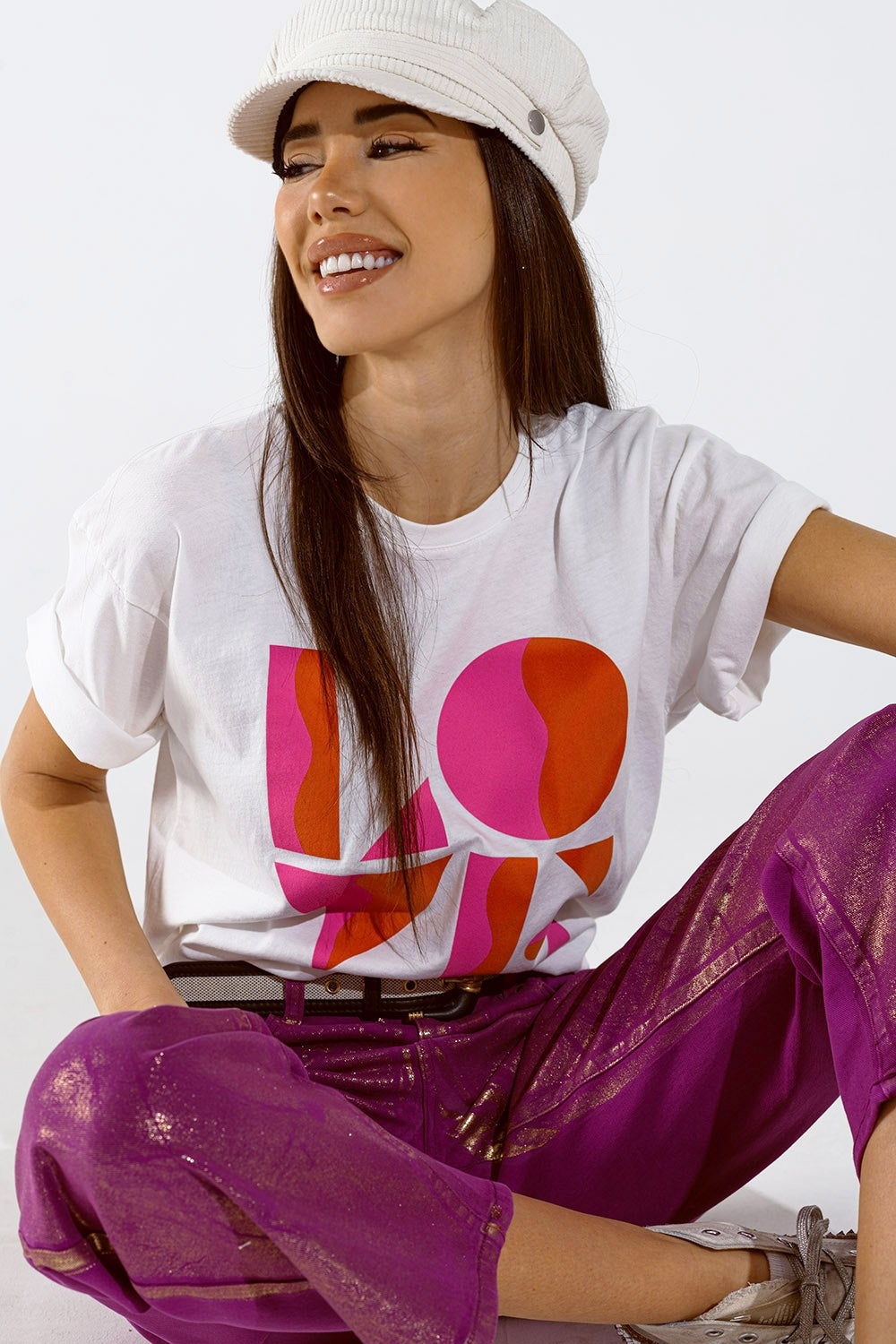 T-shirt with LOVE art deco digital print in white - top