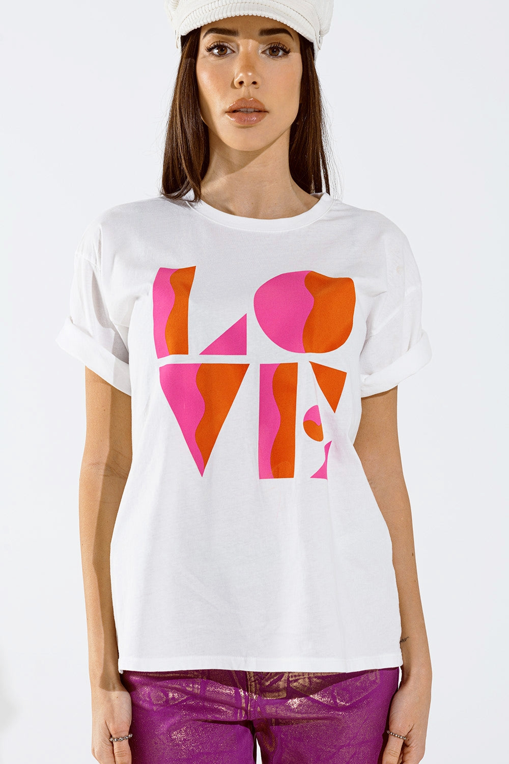 T-shirt with LOVE art deco digital print in white - top