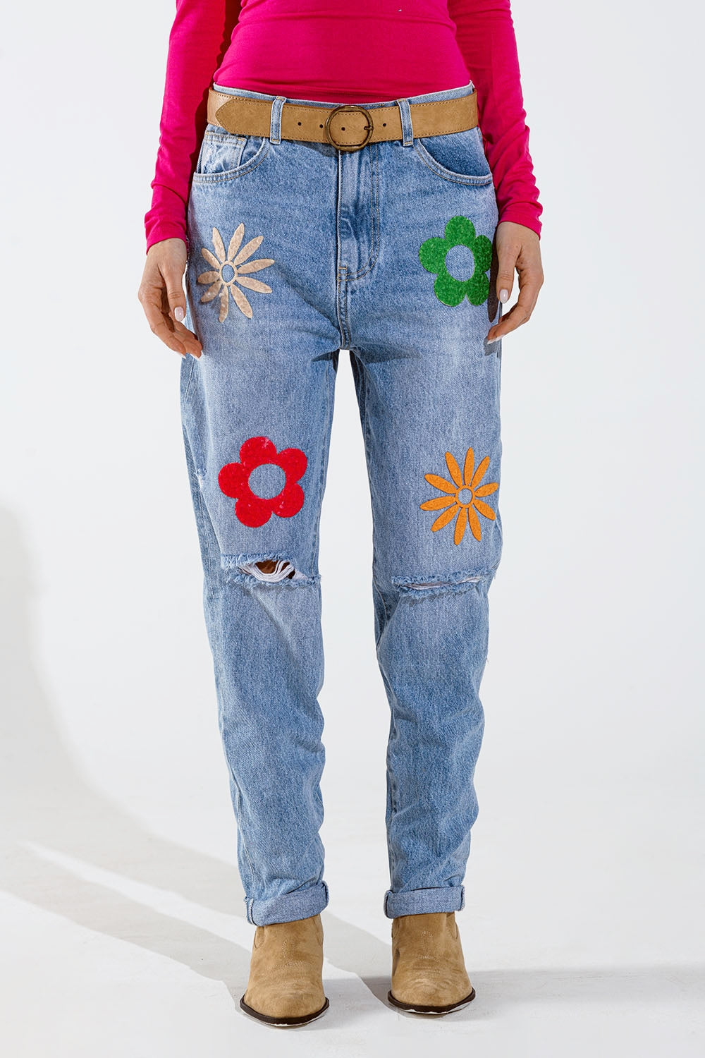 Straight Mom Jeans With Flower Detail In Washed Blue - Denim