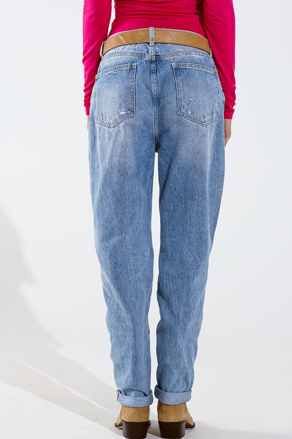 Straight Mom Jeans With Flower Detail In Washed Blue - Denim