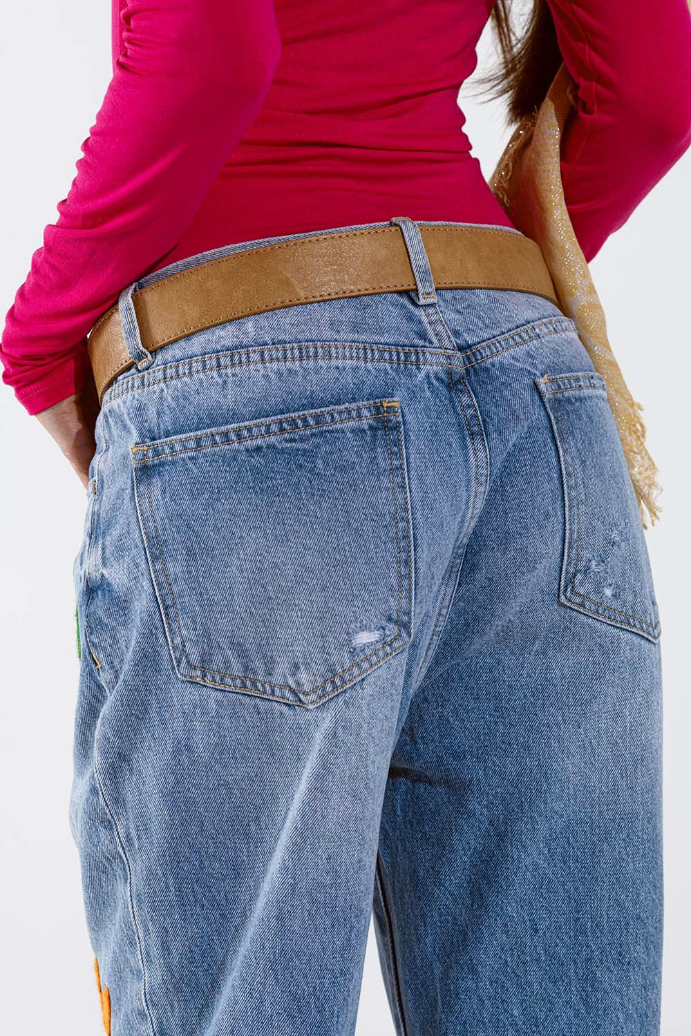 Straight Mom Jeans With Flower Detail In Washed Blue - Denim