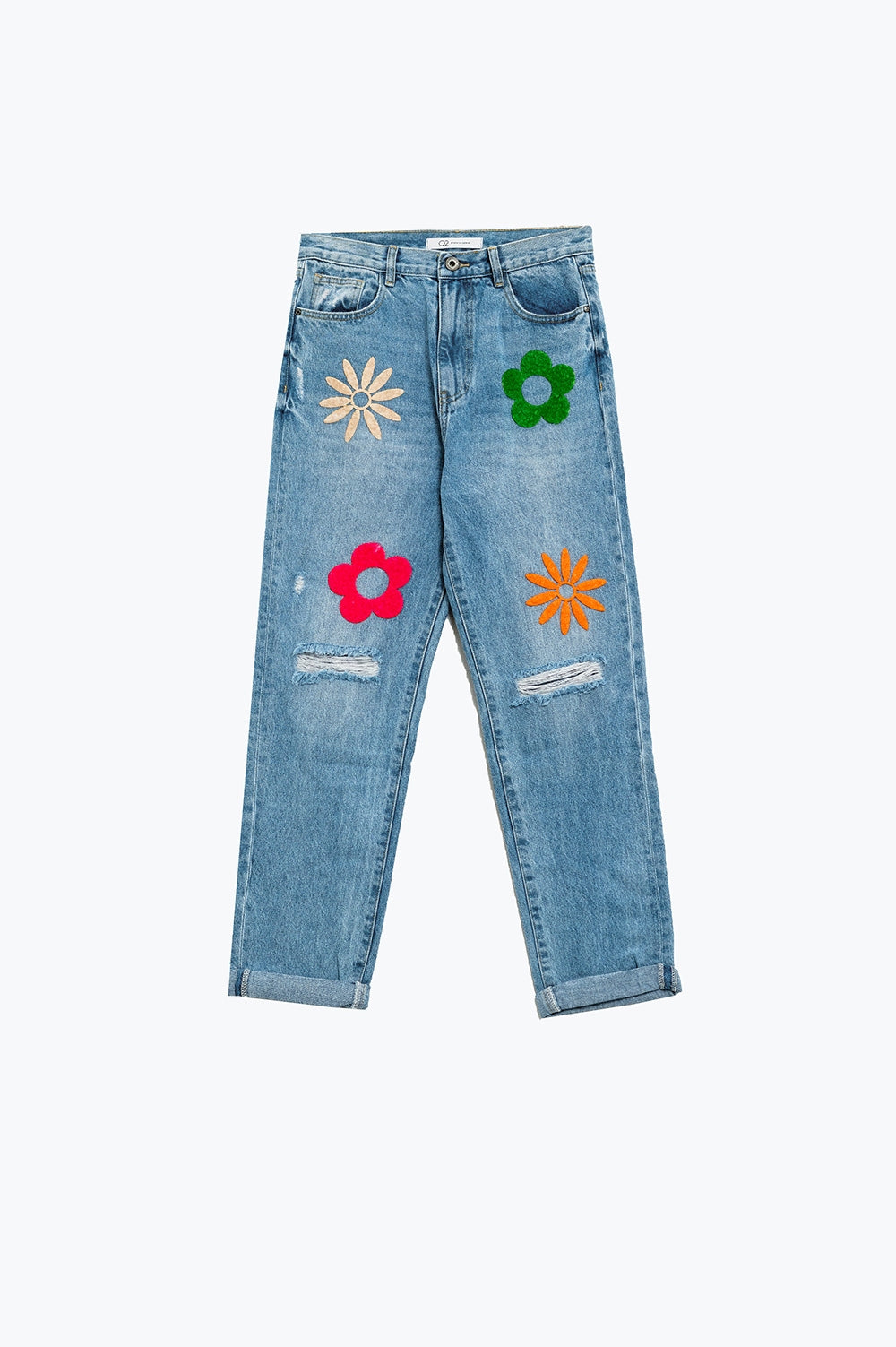 Straight Mom Jeans With Flower Detail In Washed Blue - Denim