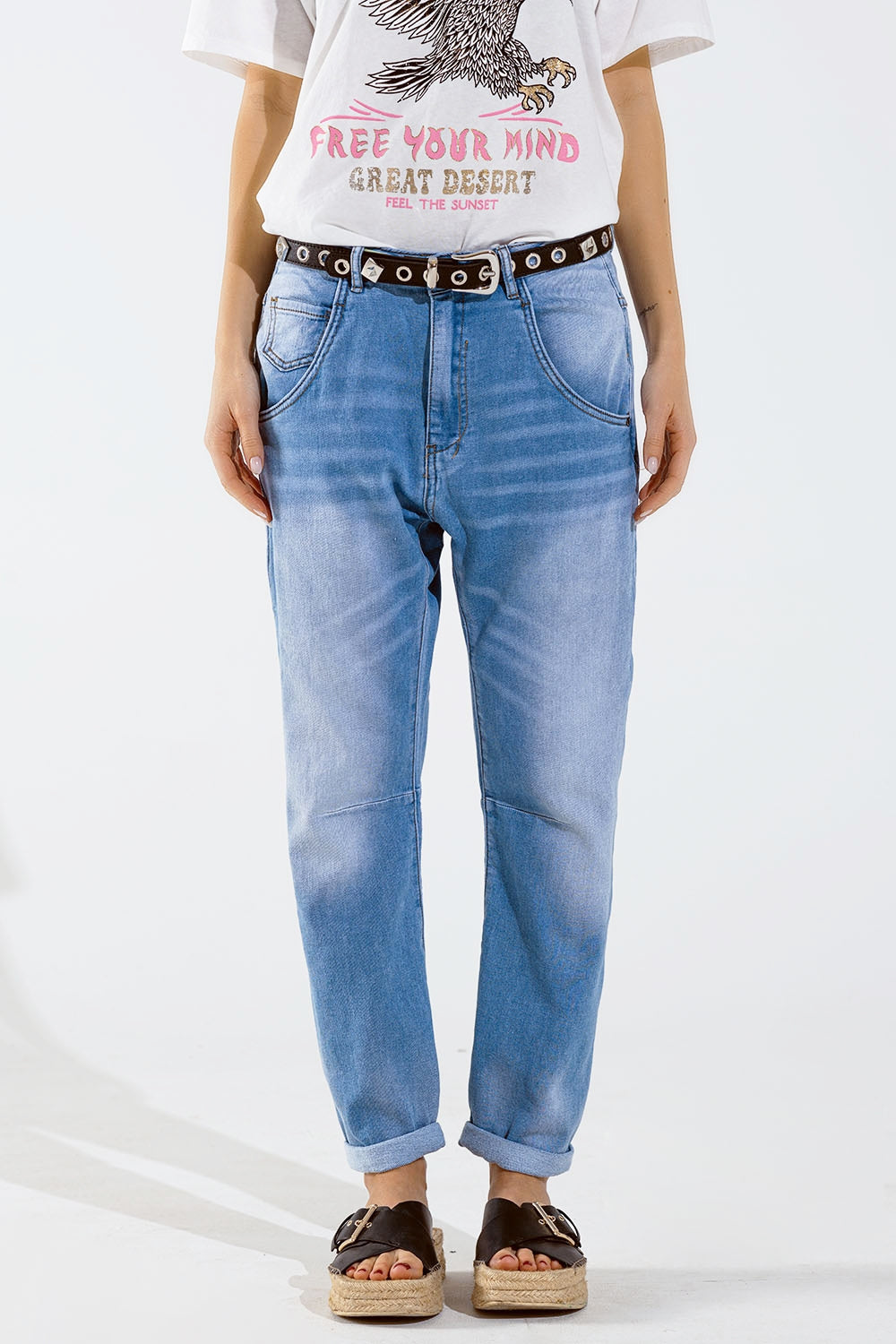 Basic Boyfriend Jeans With Stitch Detail - Denim