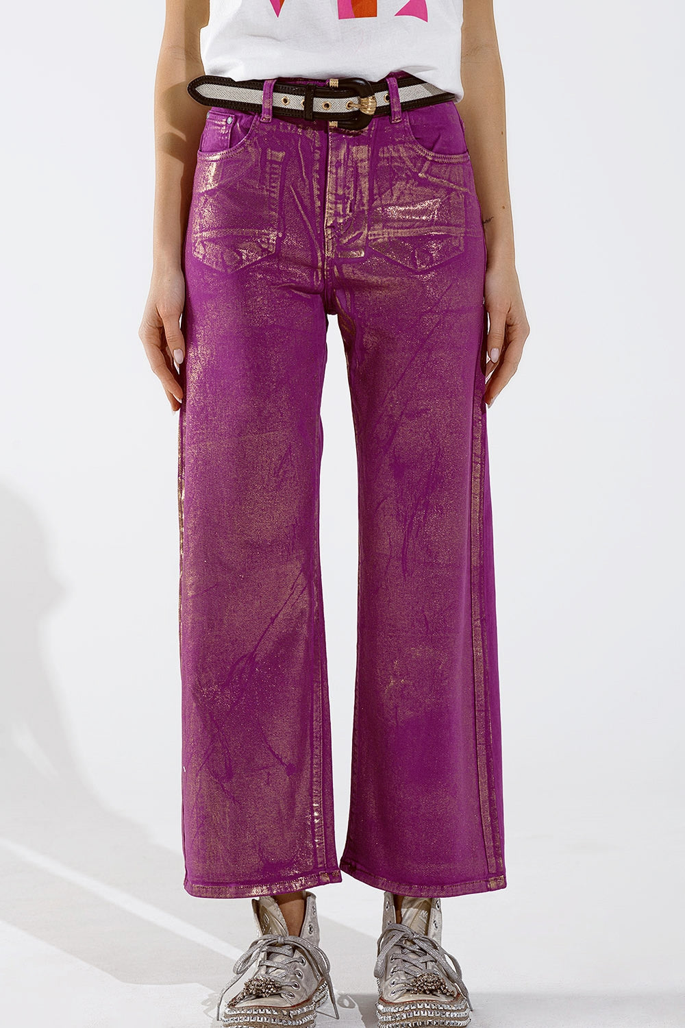 Magenta Wide Leg Jeans With Metallic Finish In Gold - Coloured Jeans