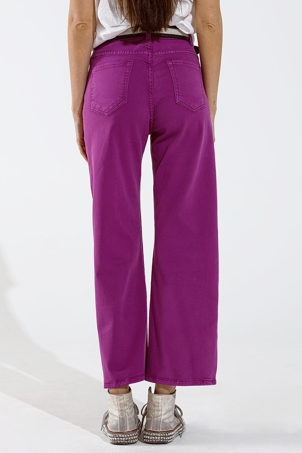 Magenta Wide Leg Jeans With Metallic Finish In Gold - Coloured Jeans