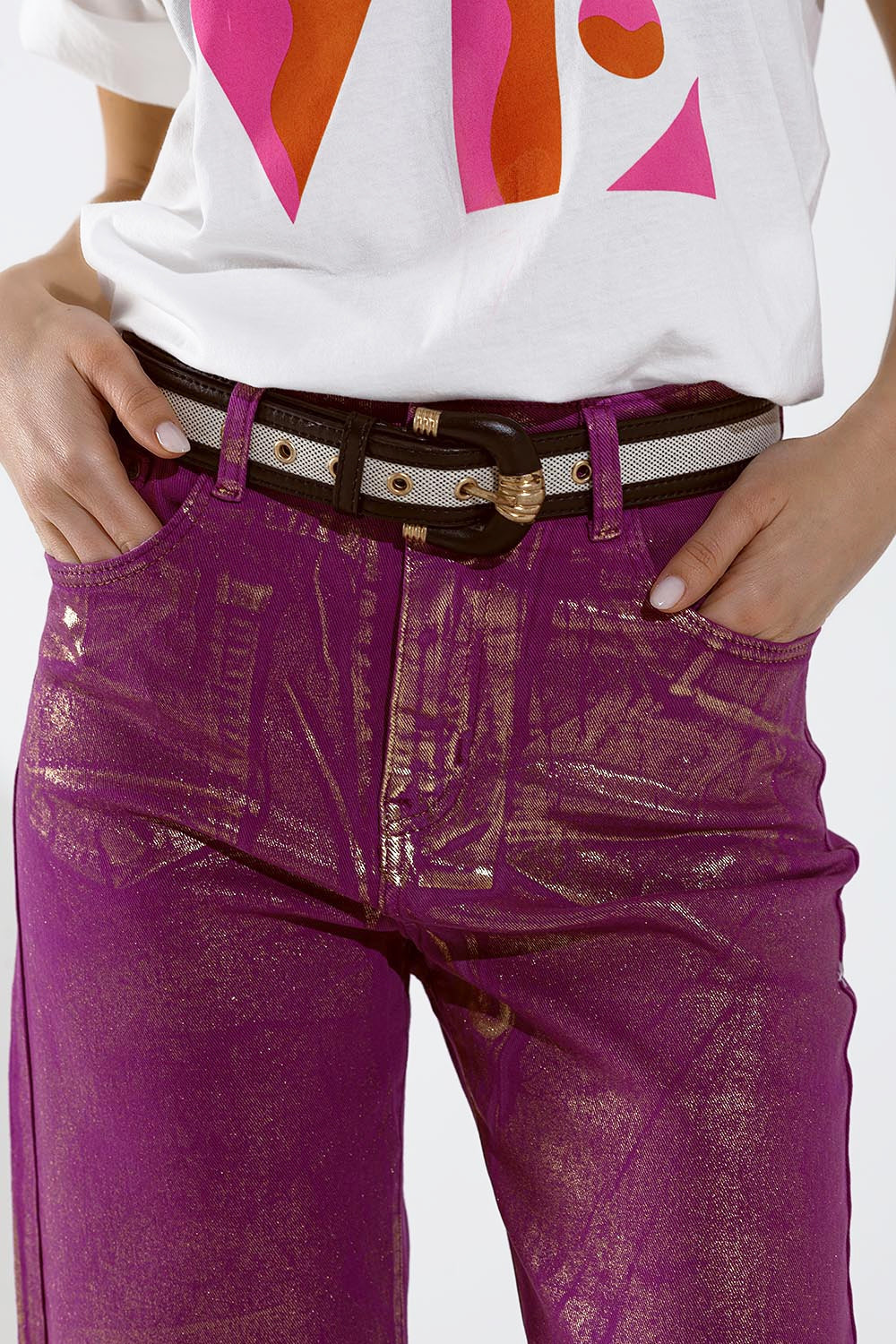 Magenta Wide Leg Jeans With Metallic Finish In Gold - Coloured Jeans