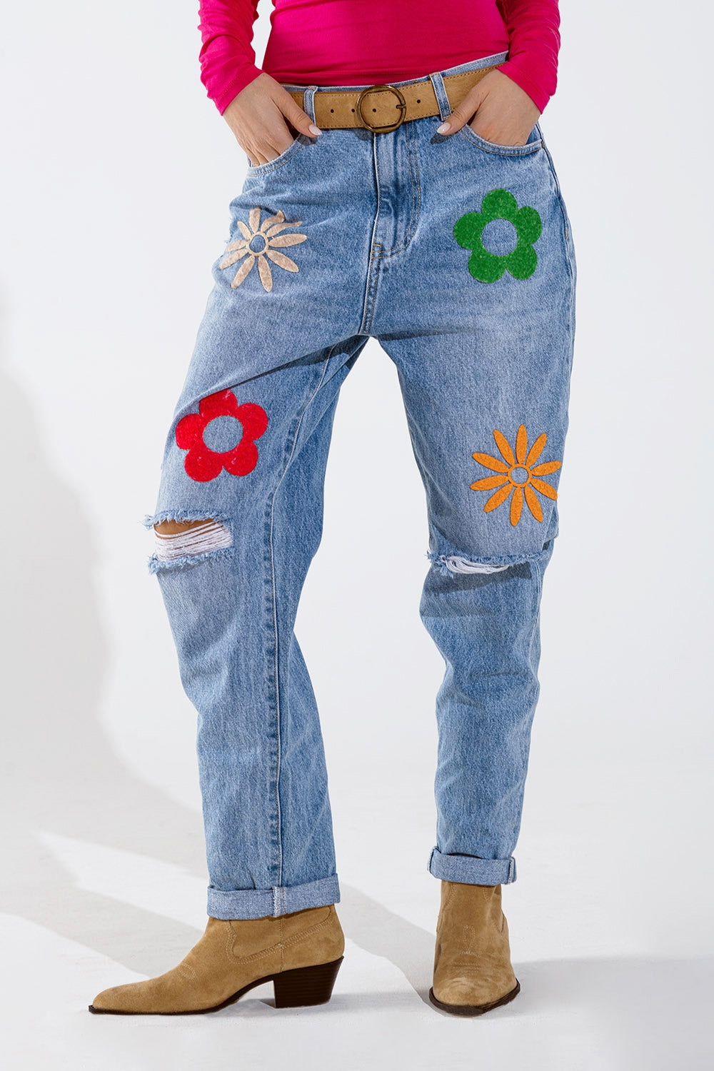 Straight Mom Jeans With Flower Detail In Washed Blue - Denim