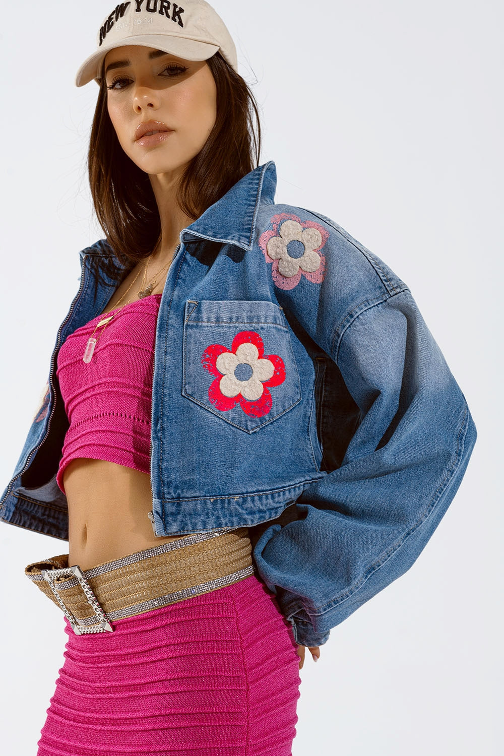 Denim Cropped Jacket WIth Flower Details - blazer