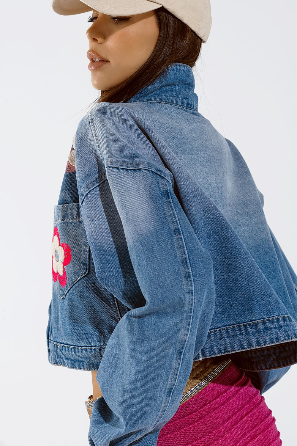 Denim Cropped Jacket WIth Flower Details - blazer