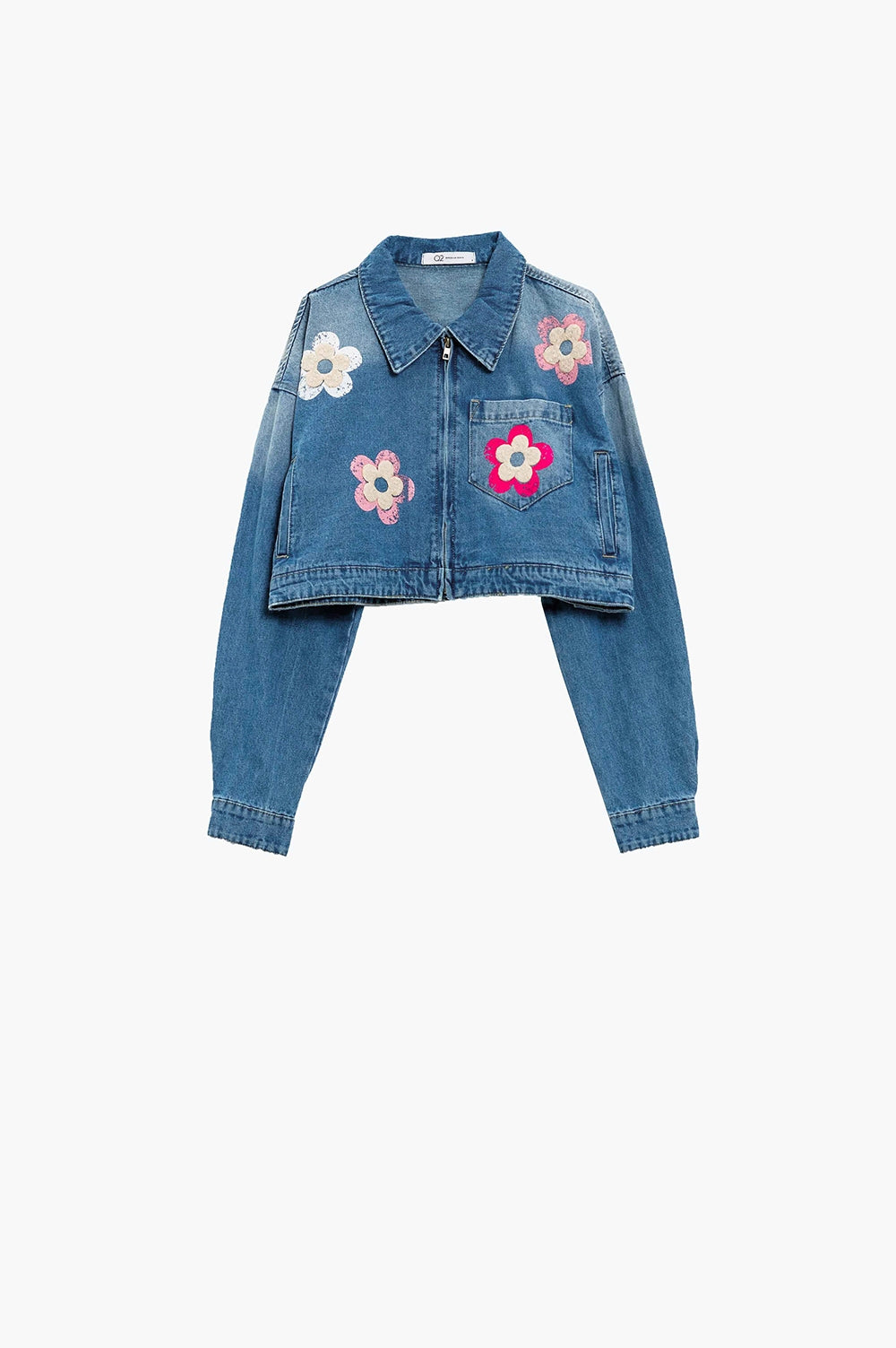 Denim Cropped Jacket WIth Flower Details - blazer