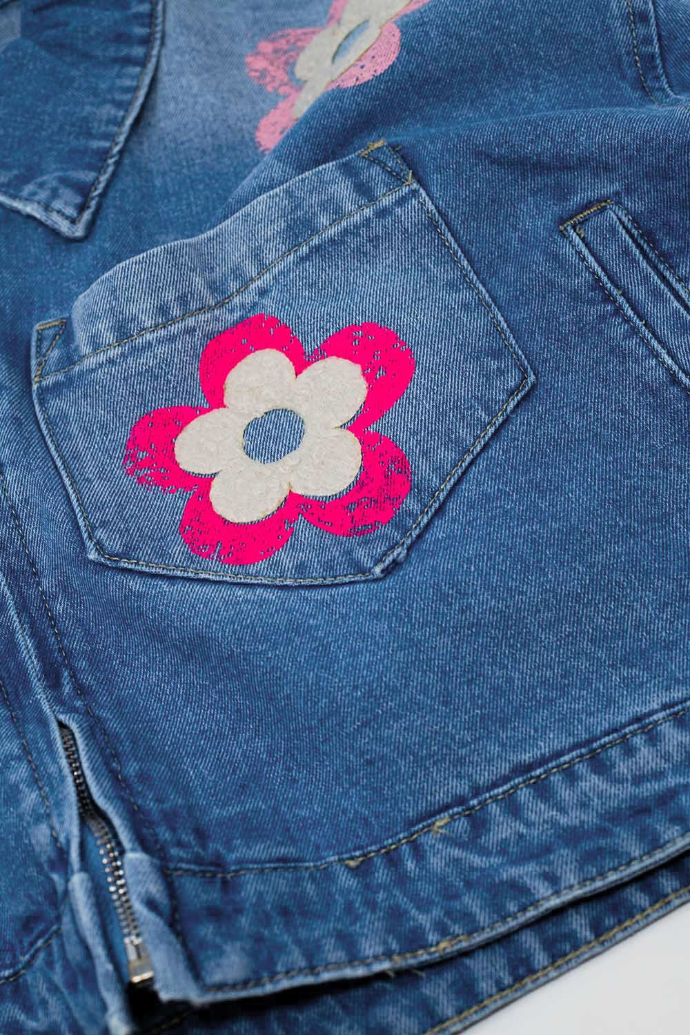 Denim Cropped Jacket WIth Flower Details - blazer