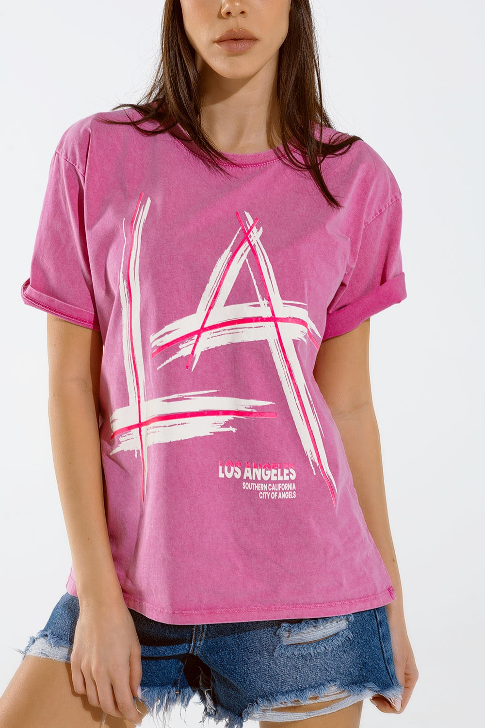 Oversized fuchsia t-shirt printed LA Los Angeles in white and fuchsia - top