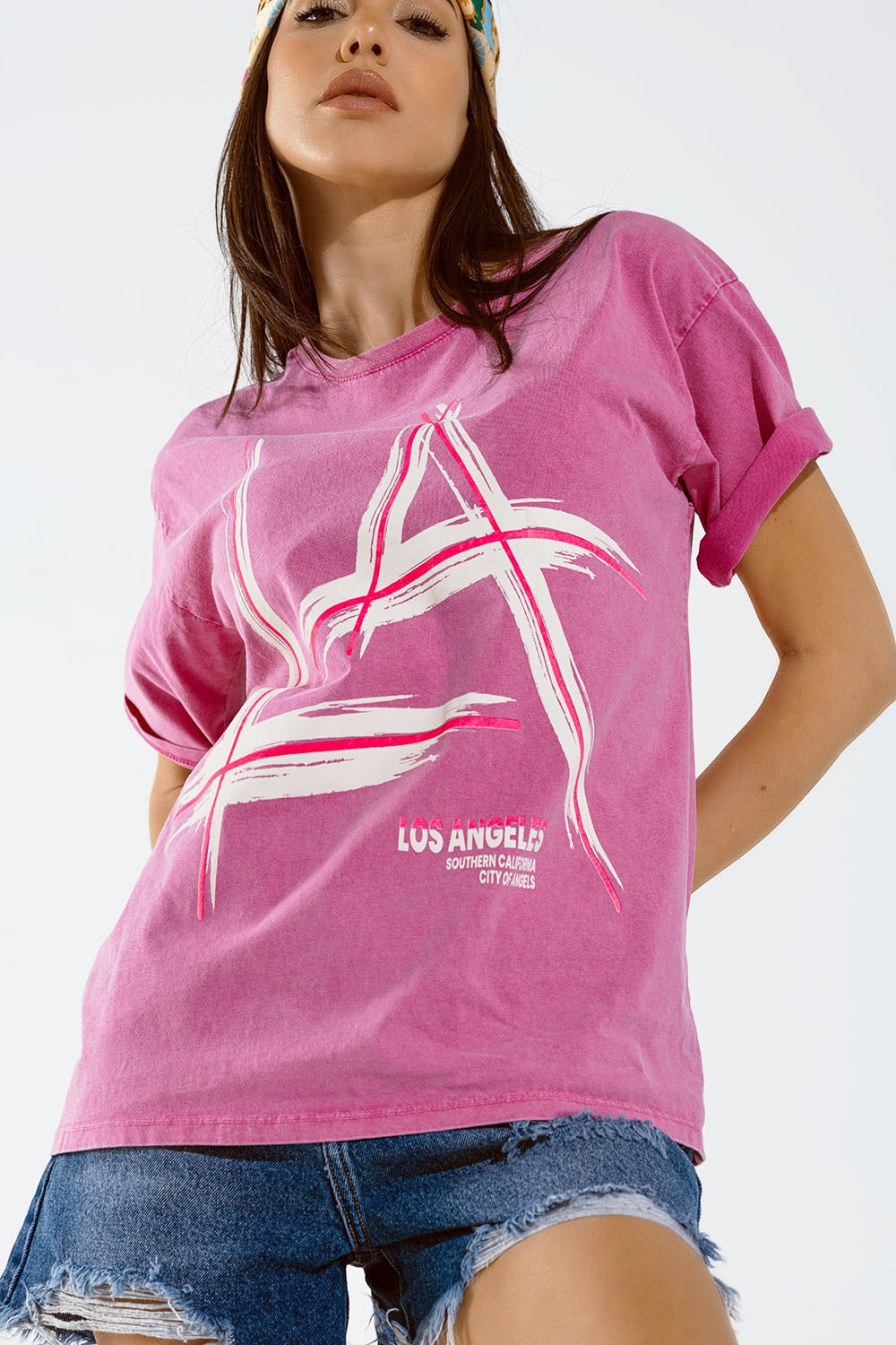 Oversized fuchsia t-shirt printed LA Los Angeles in white and fuchsia - top