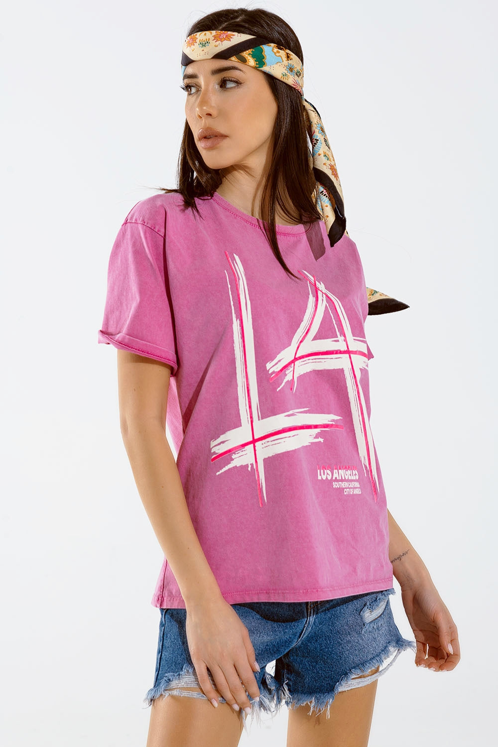 Oversized fuchsia t-shirt printed LA Los Angeles in white and fuchsia - top