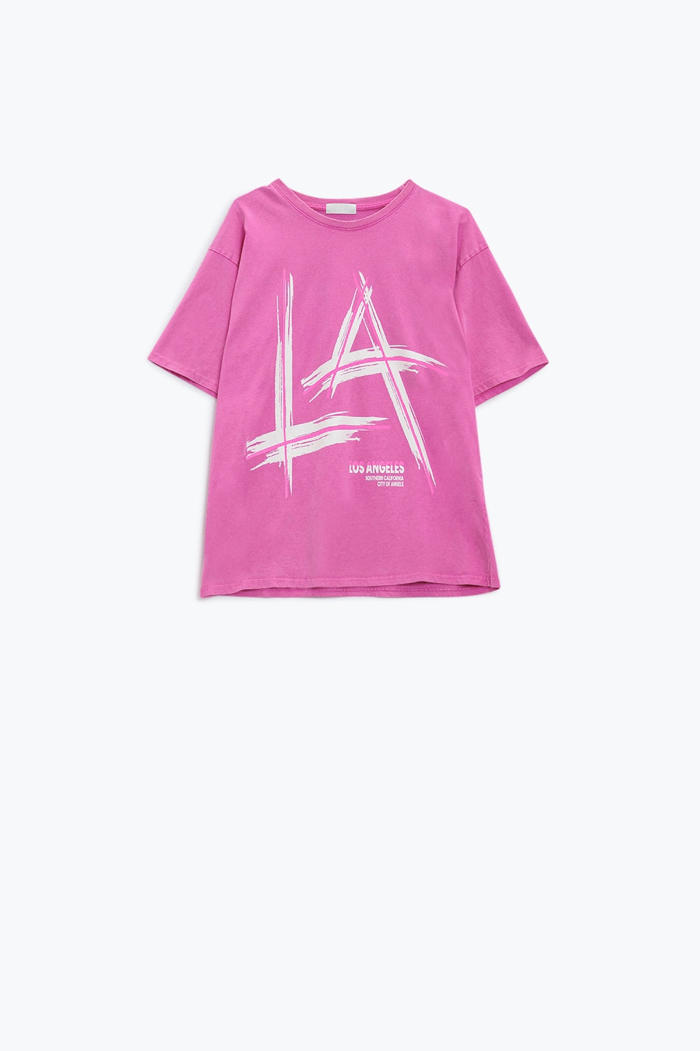 Oversized fuchsia t-shirt printed LA Los Angeles in white and fuchsia - top
