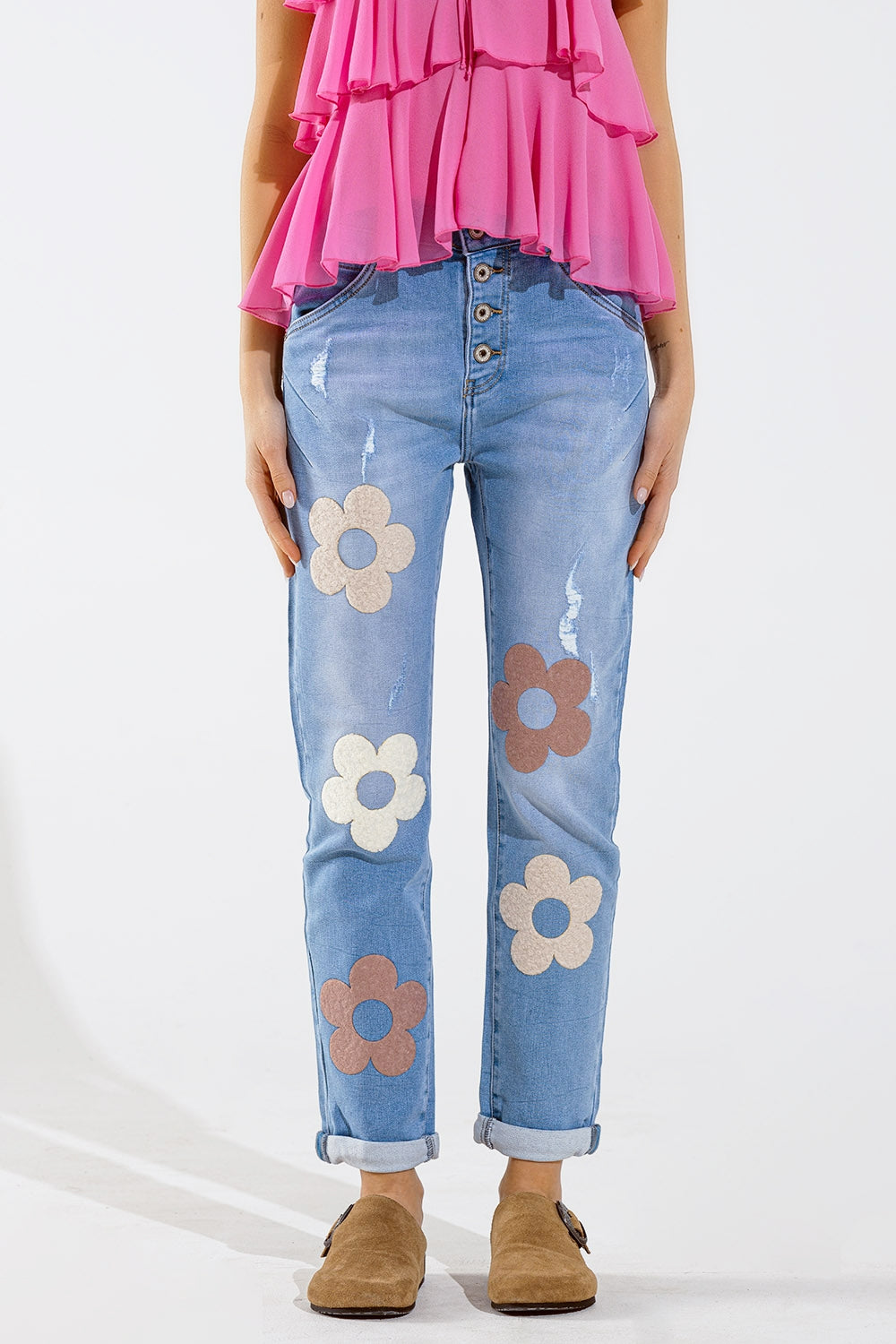 Straight Jeans With Button Closing and Flower Detail in Front - Denim
