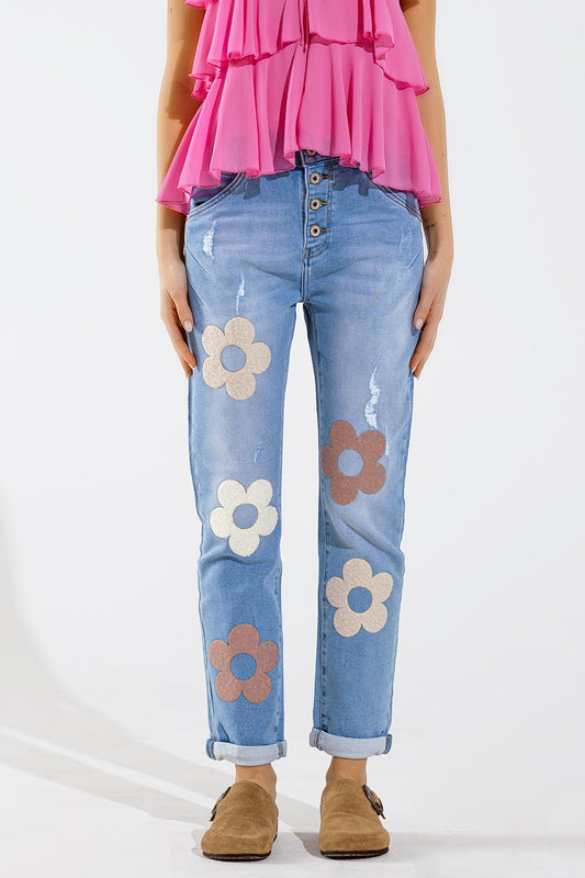 Straight Jeans With Button Closing and Flower Detail in Front - Denim
