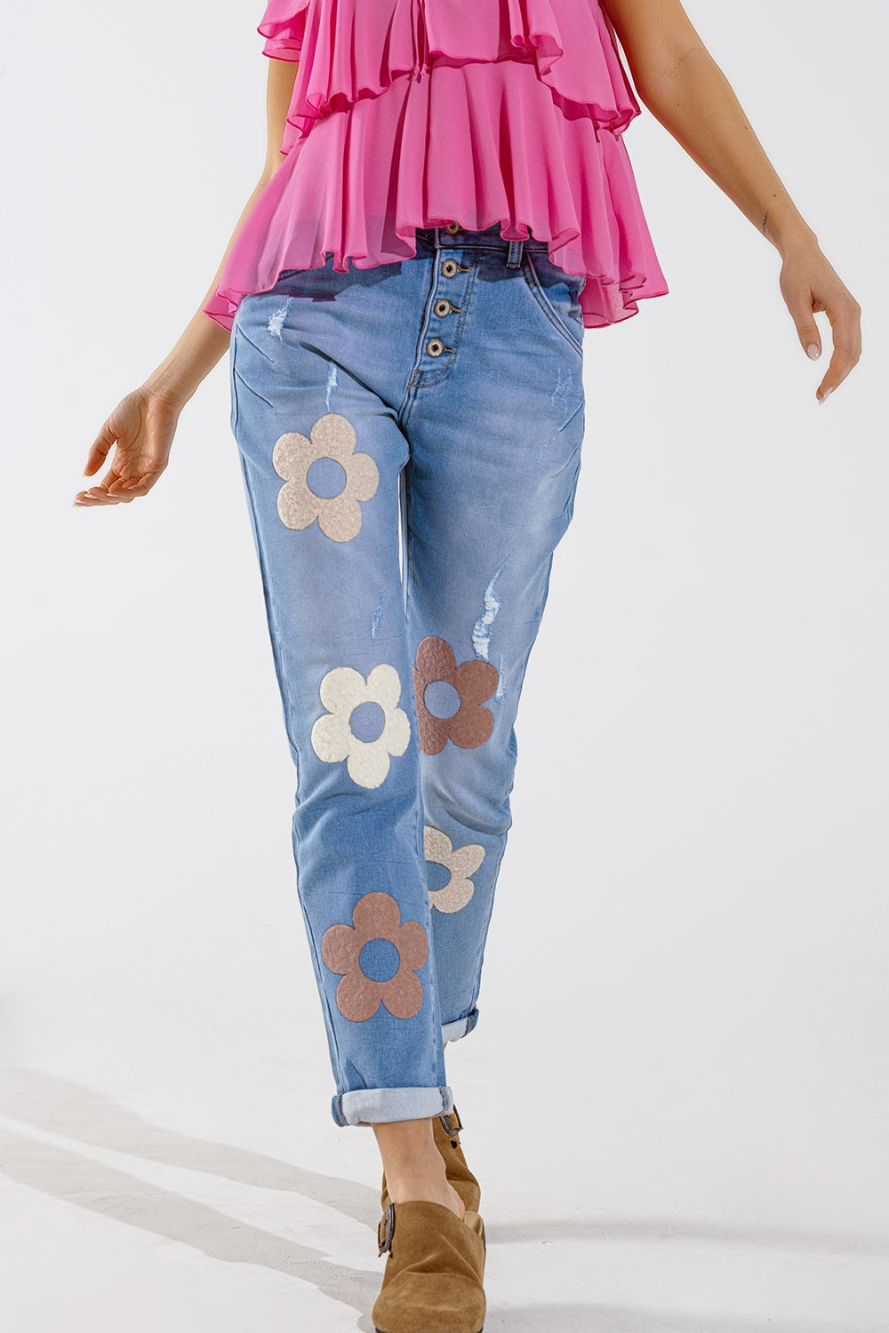 Straight Jeans With Button Closing and Flower Detail in Front - Denim