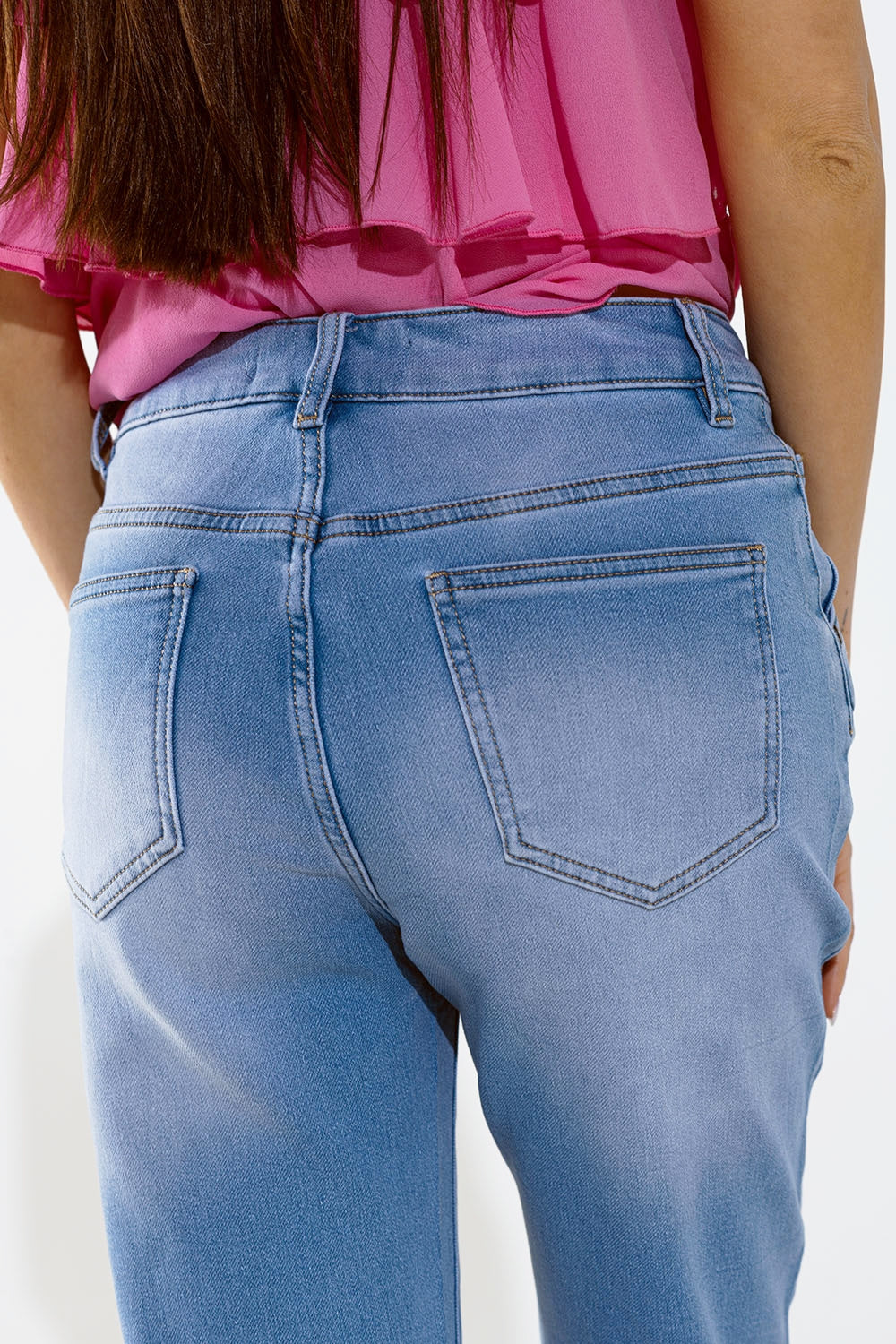Straight Jeans With Button Closing and Flower Detail in Front - Denim