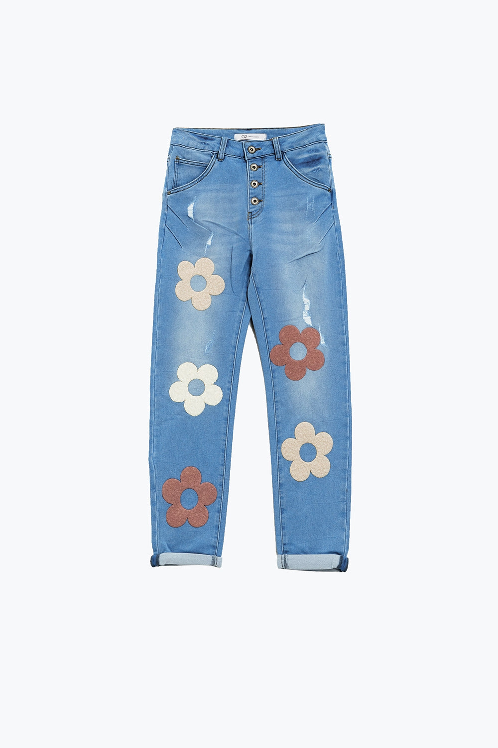 Straight Jeans With Button Closing and Flower Detail in Front - Denim