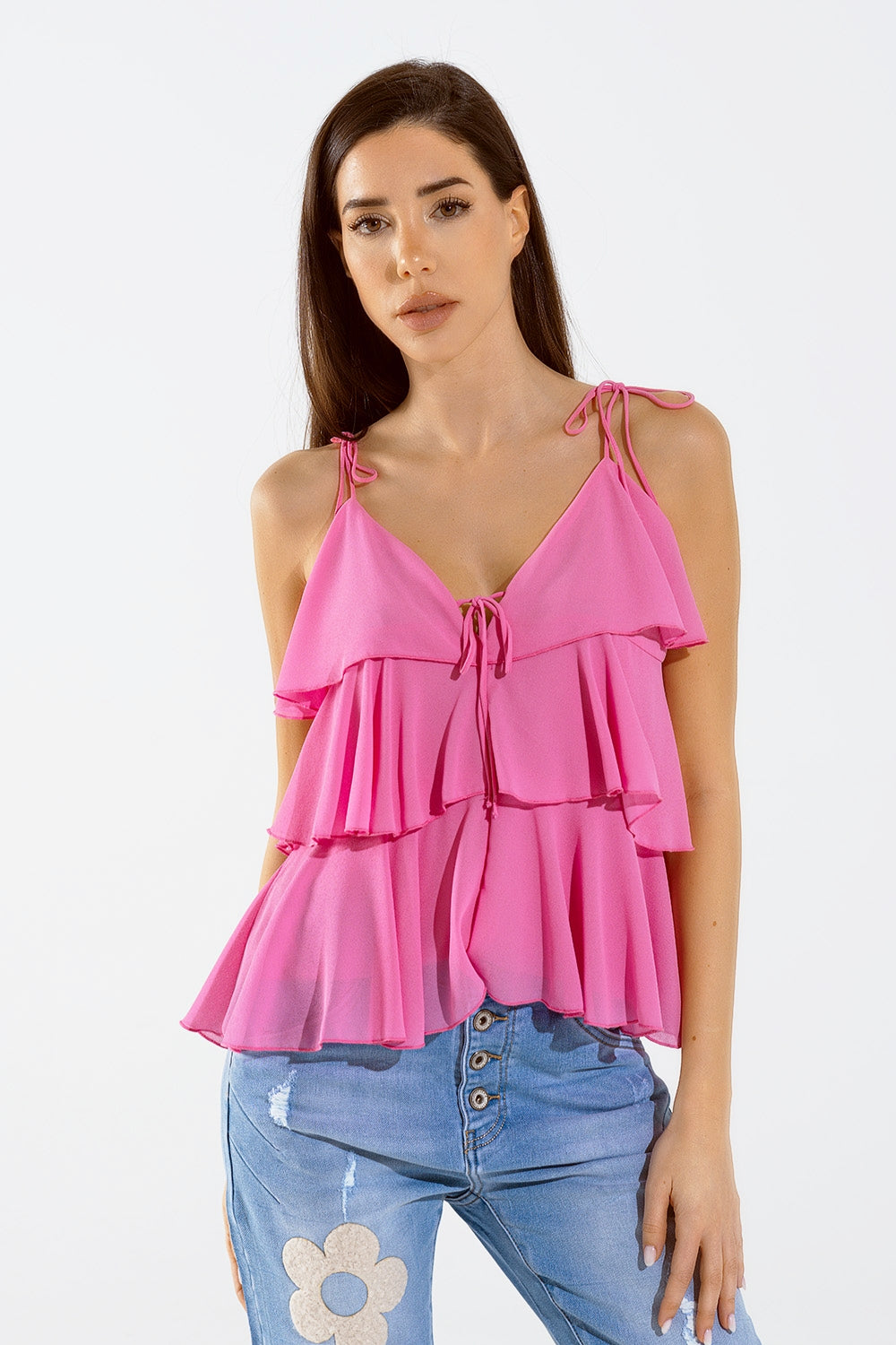 Ruffle Top WIth Thin straps in Fuchsia - top