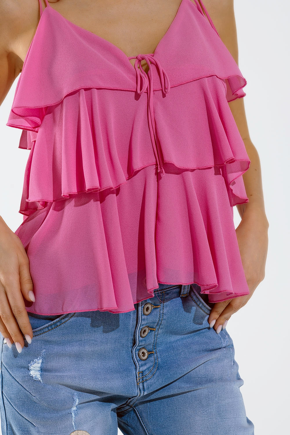 Ruffle Top WIth Thin straps in Fuchsia - top