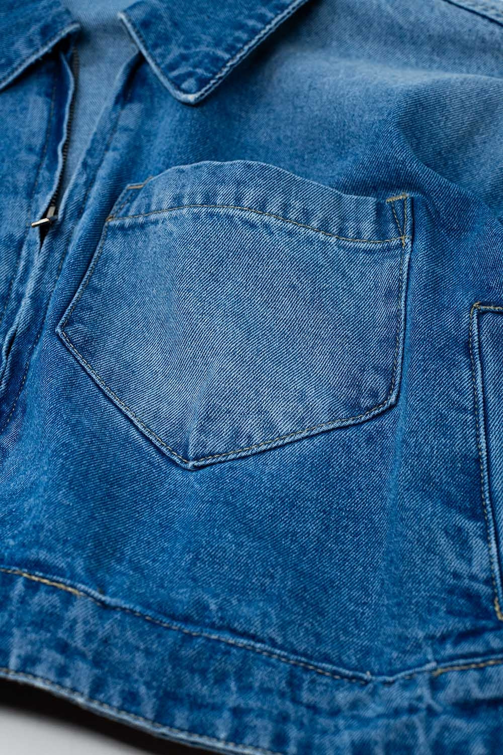 Cropped Denim Jacket with zipper closure and hand painted print at the  back