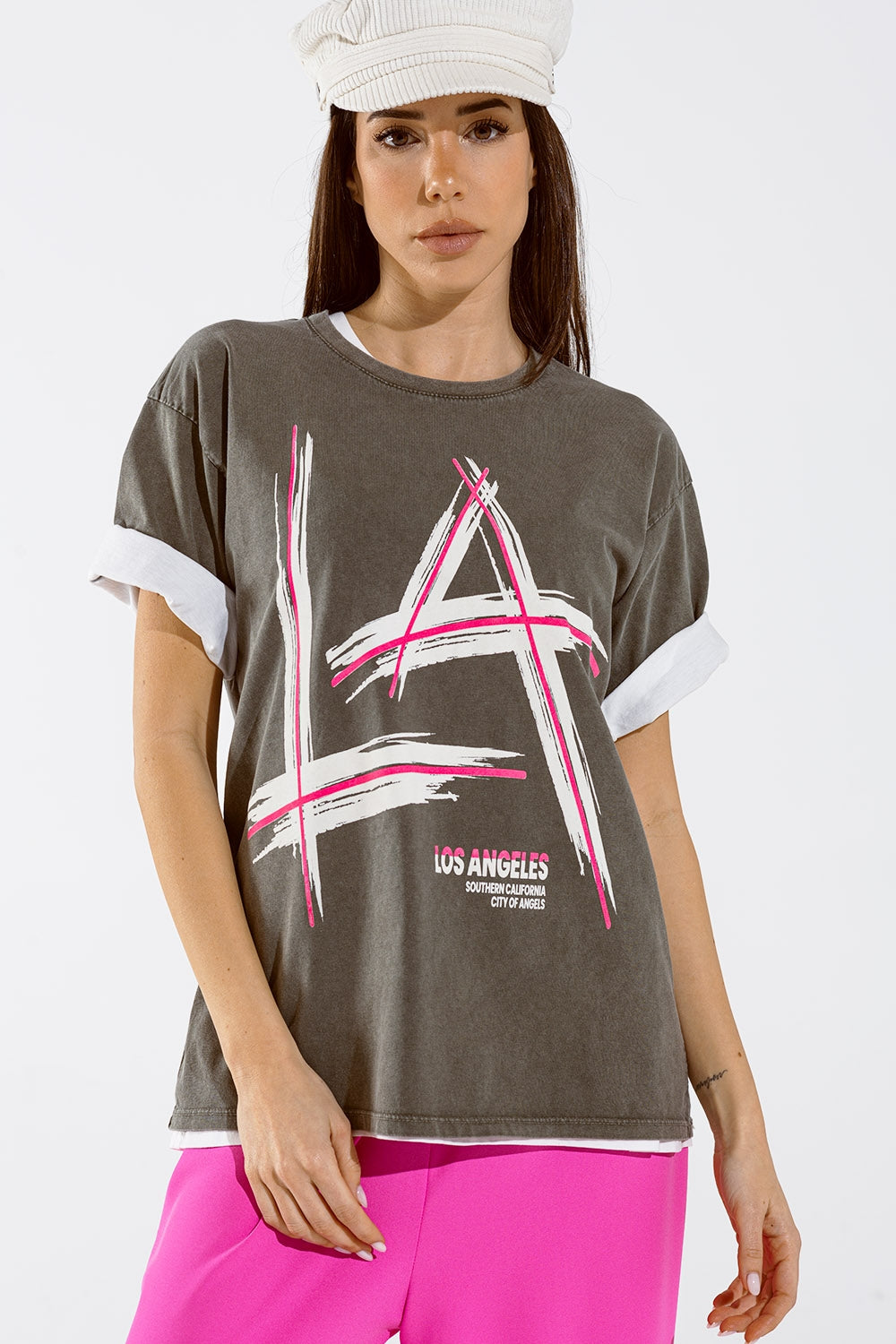 Grey oversize t-shirt Prints LA Los Angeles in pink and white - top