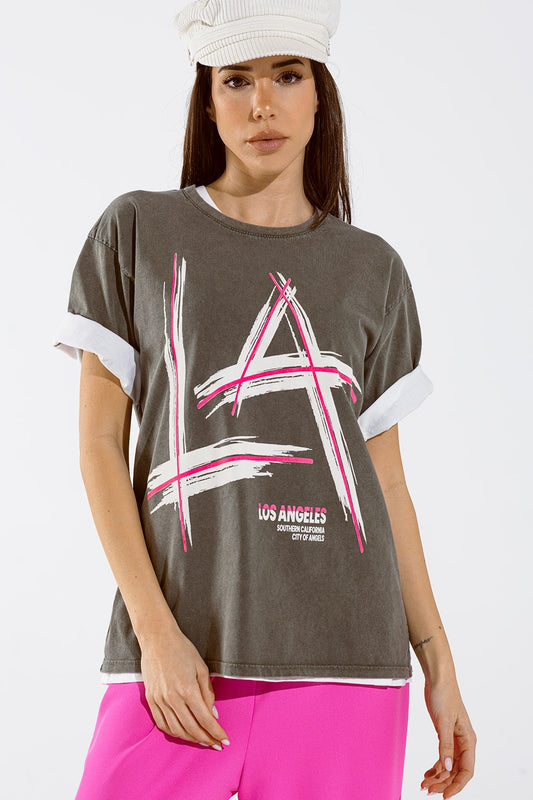 Grey oversize t-shirt Prints LA Los Angeles in pink and white - top