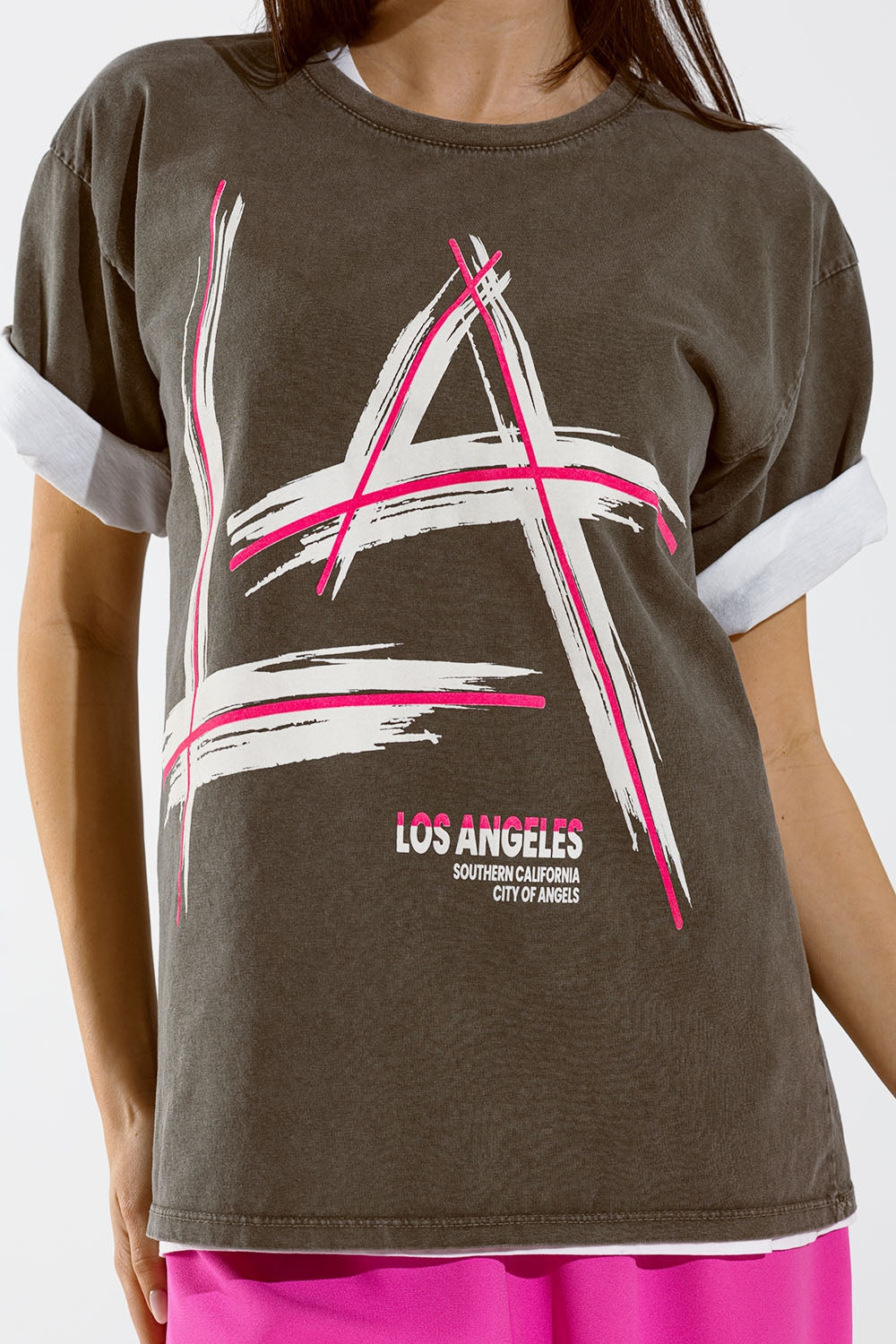 Grey oversize t-shirt Prints LA Los Angeles in pink and white - top