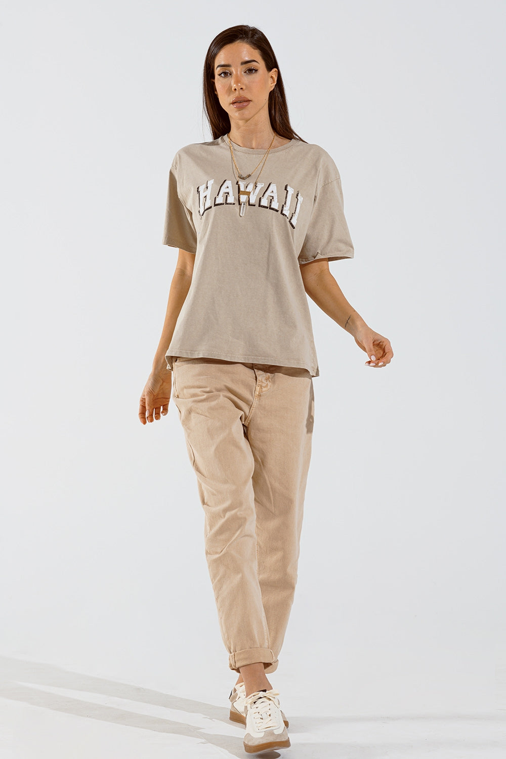 Washed Effect Hawaii T-Shirt In Beige - top