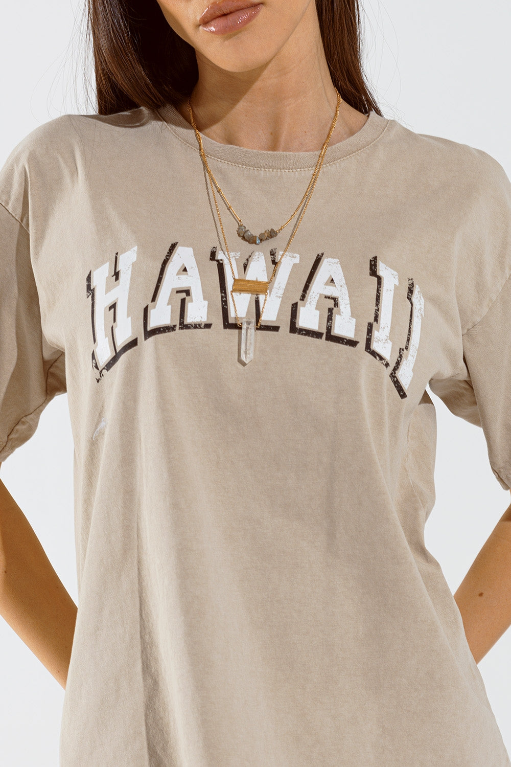 Washed Effect Hawaii T-Shirt In Beige - top