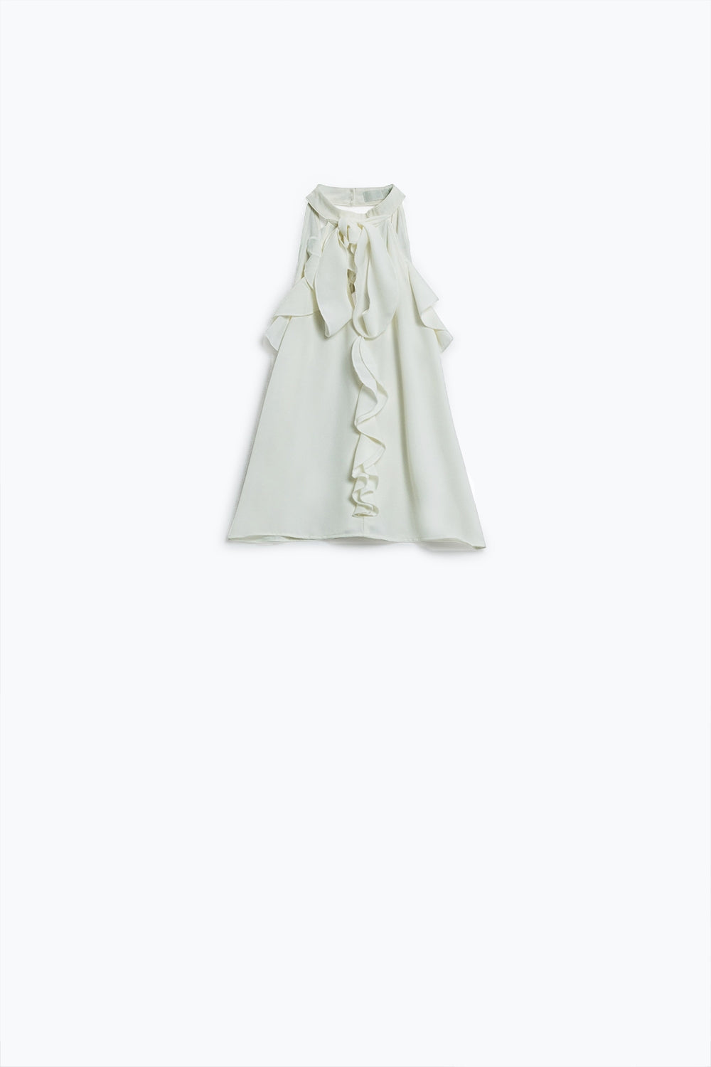 Sleeveless White Top with Ruffled Details and High Neck