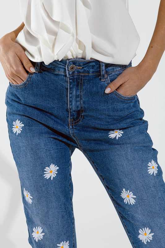 Skinny Jeans With Printed White Daisys In Mid Wash - Denim