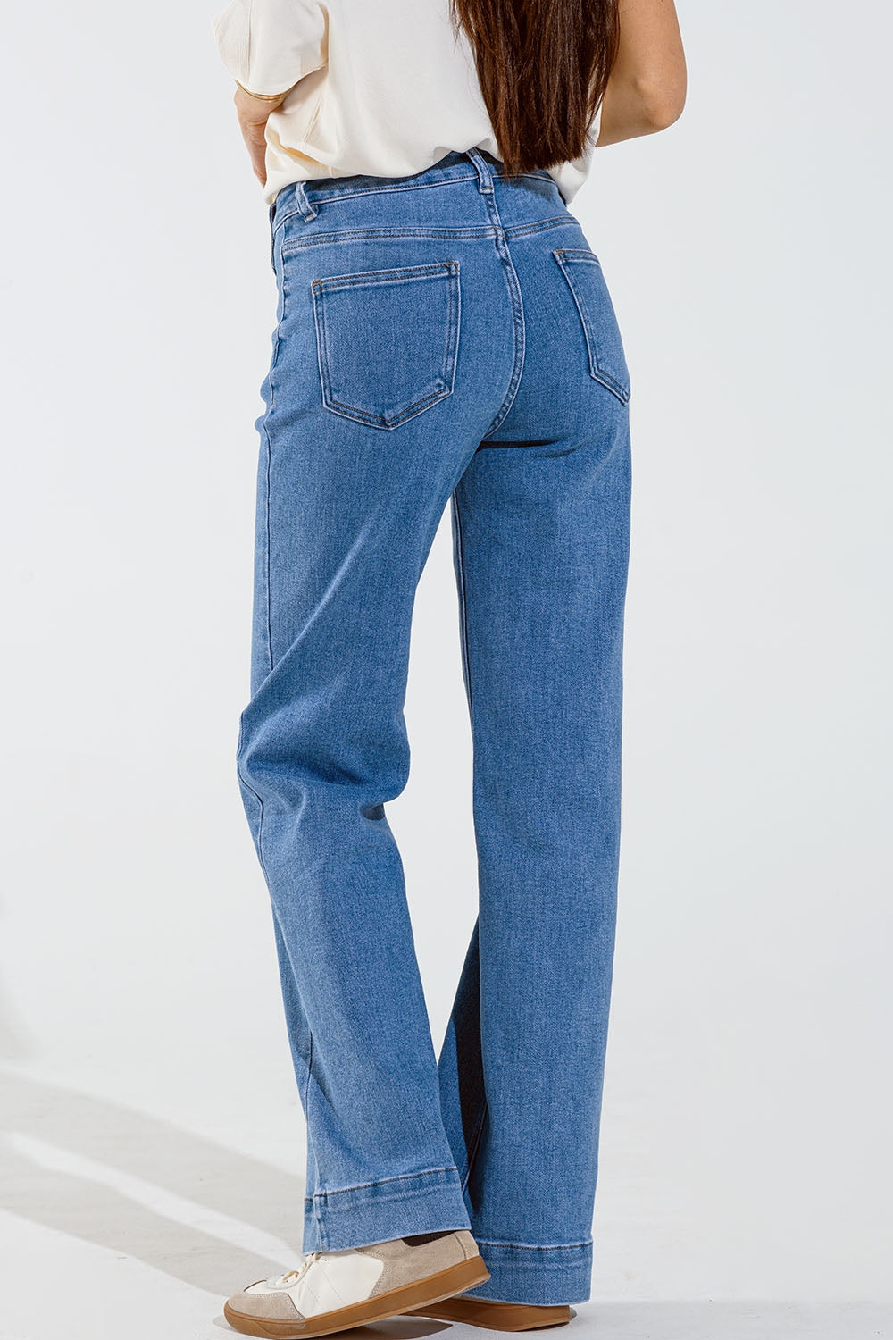 Straight Marine Style Jeans With Golden Buttons Details On The Side in Mid Blue - Denim