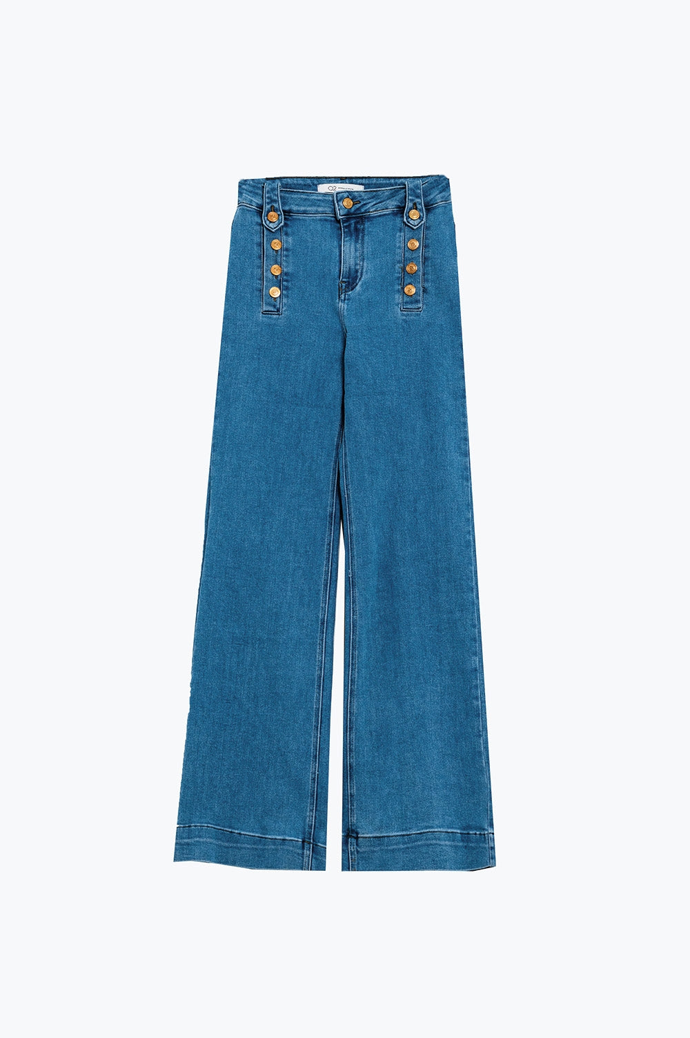 Straight Marine Style Jeans With Golden Buttons Details On The Side in Mid Blue - Denim